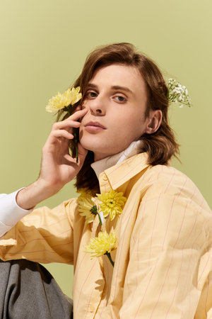 A stylish young man poses thoughtfully against a green backdrop with colorful flowers.