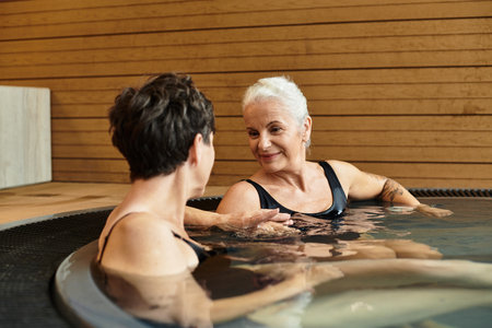 Two beautiful mature women share a joyful conversation while relaxing in a spa warm waters.