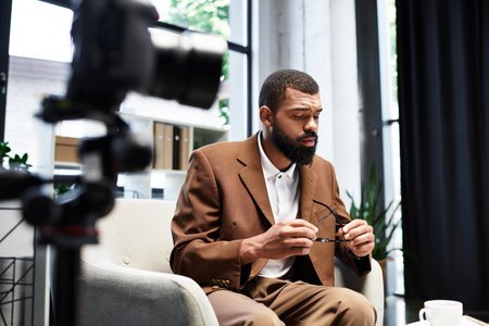 A man sits on a couch, preparing for an important interview in a modern studio.の写真素材