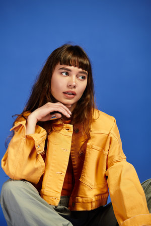 Stylish young woman poses confidently in fashionable attire with a striking blue background.
