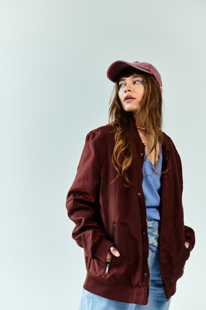 A young woman exudes confidence in trendy attire while posing with casual elegance.