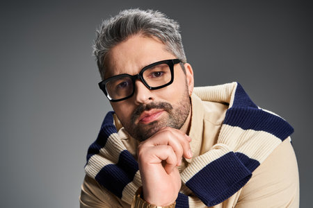 A confident man in glasses showcases his fashionable outfit against a sleek backdrop.