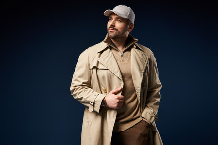 Handsome man showcases a fashionable outfit, exuding confidence in a stylish studio.の写真素材