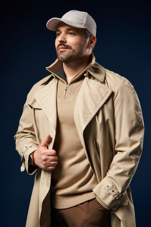 Handsome man embodies trendy fashion, exuding confidence in a sleek outfit within a studio.の写真素材