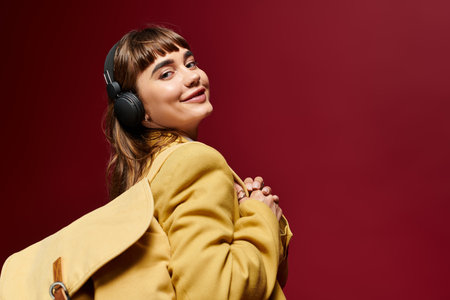 A young woman with a cheerful smile enjoys her time studying, headphones on, and a stylish bag.