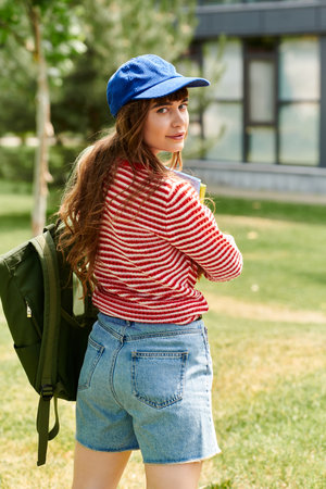 A young woman explores her vibrant campus, exuding confidence under the sun.の写真素材