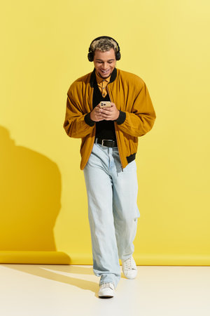 A young African American man walks confidently, enjoying music on his headphones in a bright studio.