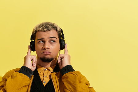 A fashionable young african american man enjoys music in a vibrant studio setting, showcasing style.の写真素材