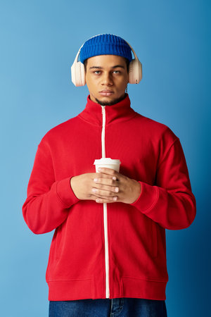 A fashionable young african american man stands confidently with a drink while wearing a beanie.の写真素材