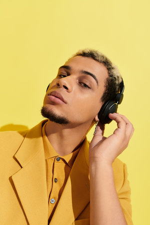 A young african american man with a fashionable outfit listens to music while posing.