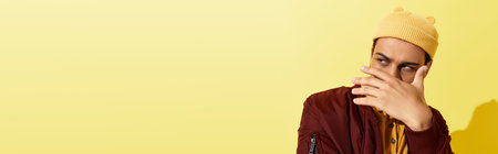 A young african american man poses confidently in a vibrant yellow bomber jacket, exuding style,...