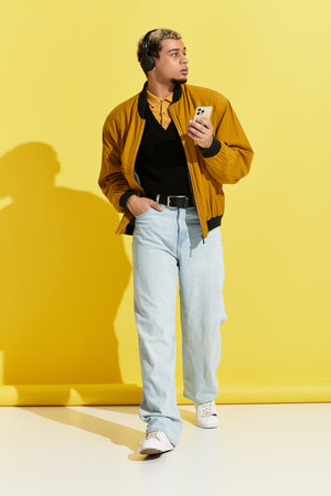 Stylish young African American man showcases fashion in a bright studio environment.
