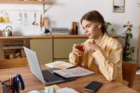 A young woman relaxes at home, sipping tea while focused on her laptop and notes.