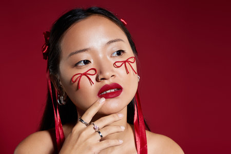 A stunning young woman showcases unique makeup with red bows on her cheeks and bold red lips.の写真素材