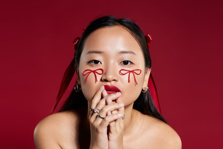 In a vibrant studio, a young woman showcases bold makeup with whimsical bows on her cheeks.の写真素材
