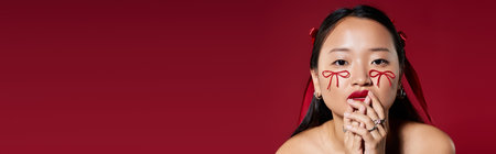 A young Asian woman displays artistic makeup with bows and bold red lips in a studio, bannerの写真素材