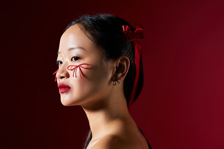 A young Asian woman showcases creative makeup with cheek bows and bold red lips.の写真素材