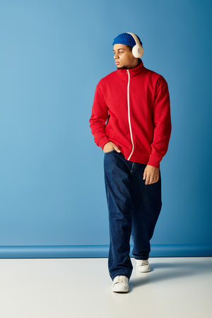 A stylish young man in a beanie and red jacket evokes a sense of fashion and confidence.