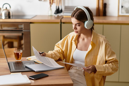 A young woman immersed in her studies at home, surrounded by notes and a warm drink.