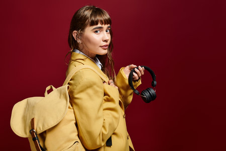 Young woman wearing a yellow blazer and backpack showcases her individuality while studying.