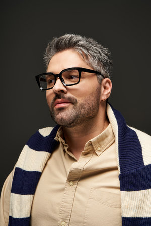 A stylish man with glasses poses confidently in an elegant outfit within a studio backdrop.