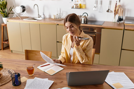 In a bright kitchen, a young woman juggles work and creativity with notes and voice memos.の写真素材