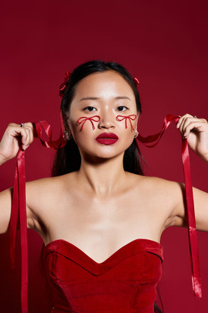 Young woman showcases artistic makeup and bold red lips while holding ribbons in a studio.