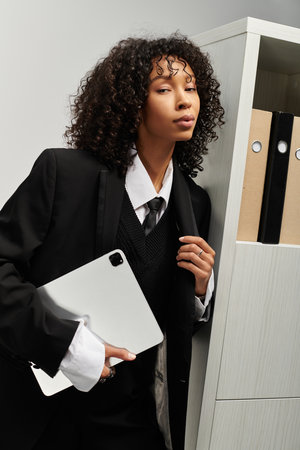 A stylish young woman stands beside a filing cabinet, showcasing her grace and professionalism.の写真素材