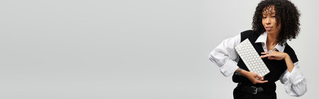 A stylish young woman exuding elegance holds a keyboard thoughtfully in a modern setting.の写真素材