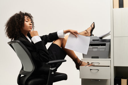 A young beautiful woman in elegant business attire sits confidently, deep in thought at her desk.