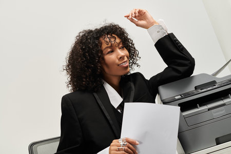 A confident young woman in stylish business attire relaxes in her office.の写真素材