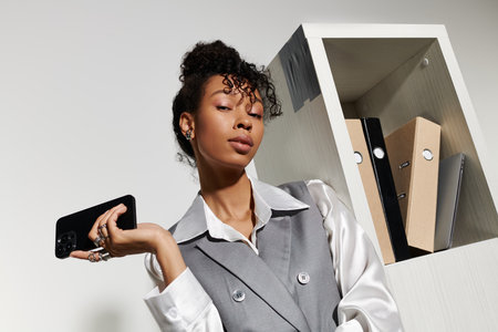 A young woman exudes elegance in a chic business outfit while holding a smartphone.の写真素材