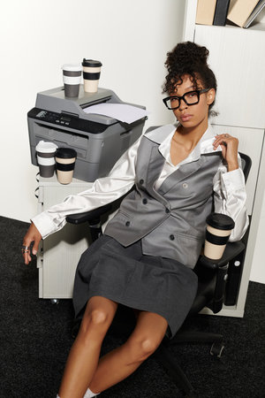 Confident young woman in elegant business attire rests in a chic office environment with coffee.の写真素材