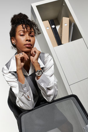 Young beautiful woman poses confidently in chic business attire against minimalist backdrop.の写真素材