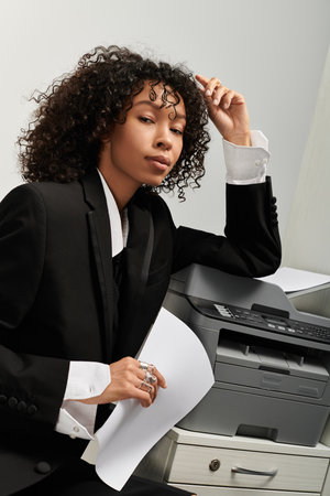 A confident young woman in a business suit poses thoughtfully by a printer.の写真素材