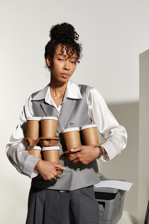 A young, elegant woman in business attire holds coffee cups in a classy office.の写真素材