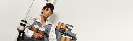 Stunning woman in business attire sits with coffee cups, exuding elegance and relaxation amid work.の写真素材