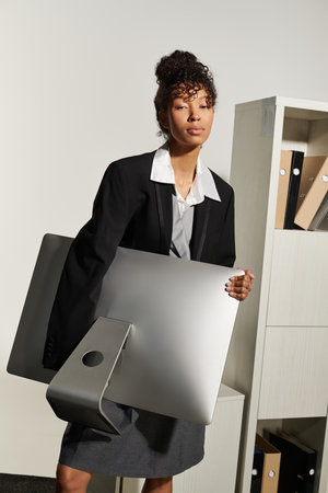 A young woman in stylish business attire carries a computer, showcasing professionalism.の写真素材