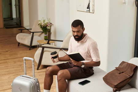 A handsome man relaxes in a chic hotel lobby, sipping coffee and reading.の写真素材