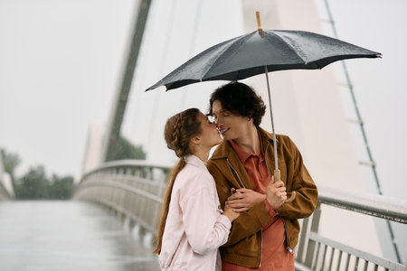 Couple shares laughter on a romantic park walk, cozy under an umbrella.の写真素材