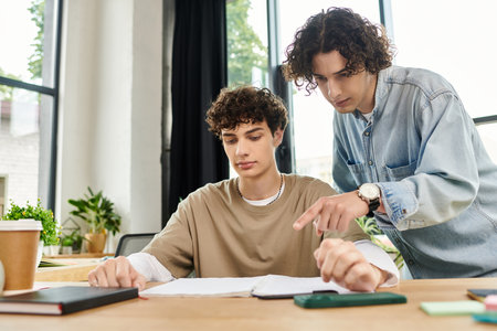 Two engaged young individuals work together at a modern desk, exchanging ideas while focused.