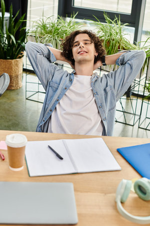 A young man relaxes in a modern office filled with greenery and work essentials.の写真素材