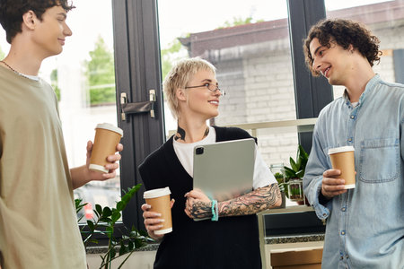 Young professionals share innovative ideas while enjoying coffee in a vibrant office setting.