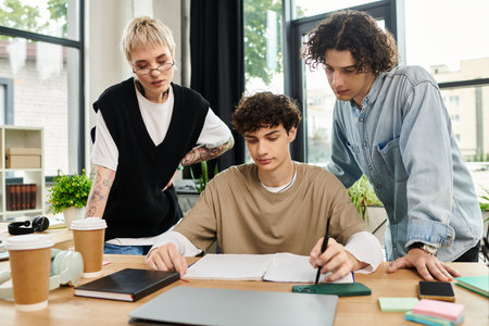Three young professionals engage in creative discussions while working on a project together.