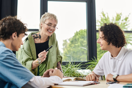 Two young individuals participate actively as their mentor guides them through innovative ideas.の写真素材