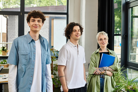 Three young people discuss amid greenery, showcasing creativity and cooperation.