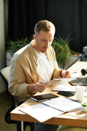 Young professional reviews key documents in a chic, plant filled modern office.