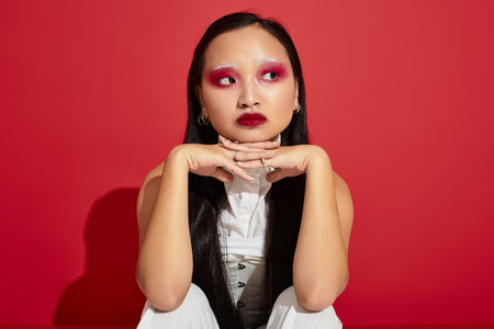 In a red studio, a young Asian woman shines with stunning eye makeup and a chic outfit.の写真素材
