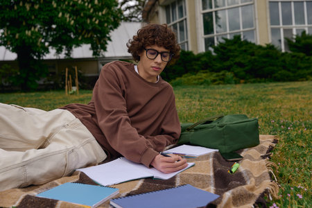 A young man rests on a blanket in a green outdoor space, absorbed in writing and studying.の写真素材