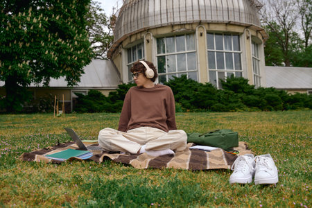 A young handsome student relaxes outdoors on a blanket, enjoying nature during daytime.